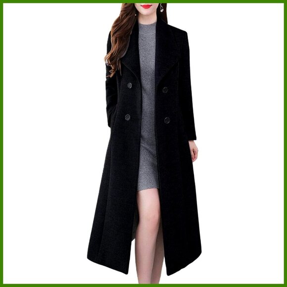 Jackets & Blazers - Shawl Collar Double Breasted Below Knee Slim Wool Trench Long Coat